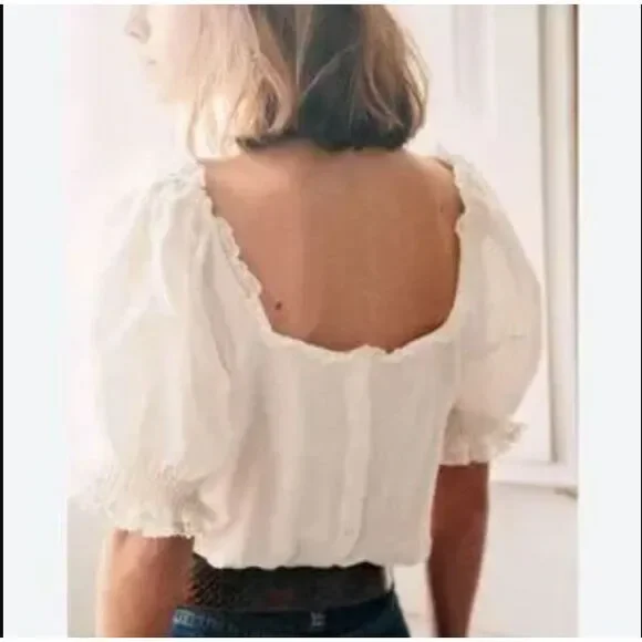 Sezane Blouse White Lace Trim Linen Frances Cottagecore - Picture 2 of 16